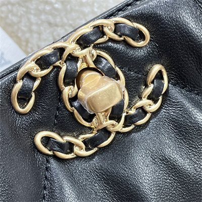 Cha.nel 19 Shopping Bag Lambskin Gold Tone Metal Black AS3660