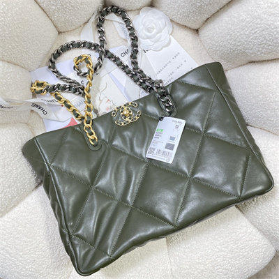 Cha.nel 19 Shopping Bag Lambskin Gold Tone Metal Kahki Green AS3660