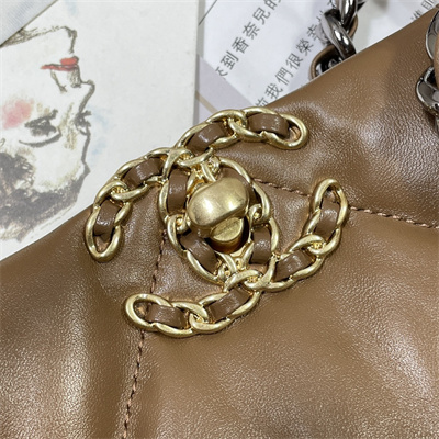 Cha.nel 19 Shopping Bag Lambskin Gold Tone Metal Brown AS3660