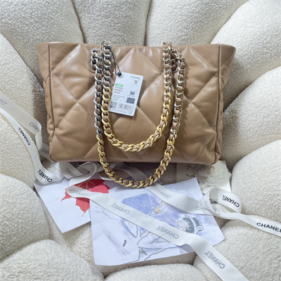 Cha.nel 19 Shopping Bag Lambskin Silver Tone Metal Brown AS3660