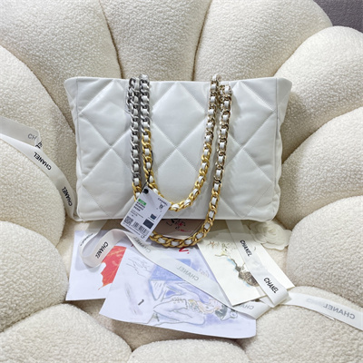 Cha.nel 19 Shopping Bag Lambskin Silver Tone Metal White AS3660