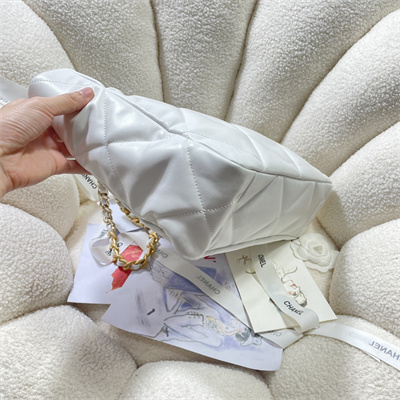 Cha.nel 19 Shopping Bag Lambskin Silver Tone Metal White AS3660