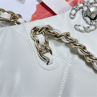 Cha.nel 19 Shopping Bag Lambskin Silver Tone Metal White AS3660