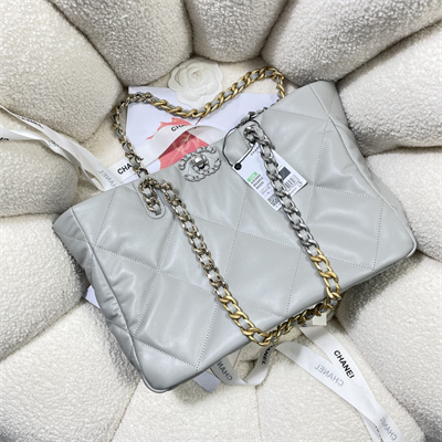 Cha.nel 19 Shopping Bag Lambskin Silver Tone Metal Grey AS3660