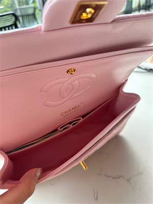 Ch*el medium classic flap bag grained calfskin gold tone metal pink 01112