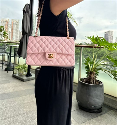 Ch*el medium classic flap bag grained calfskin gold tone metal pink 01112