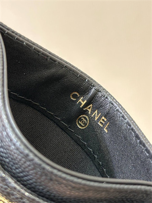 Ch*el card holder black grained calfskin gold tone metal 3878