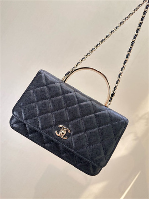 Ch*el wallet on chain with enamel top handle grained calfskin gold tone metal black 4853