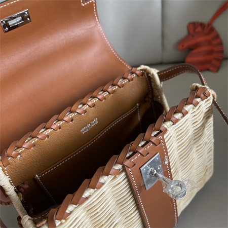 Kelly Mini Picnic Bag 20 Swift Leather Wicker Silver Tone Hardware Brown Color HS