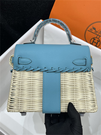 Kelly Mini Picnic Bag 20 Swift Leather Wicker Silver Tone Hardware Blue Color HS