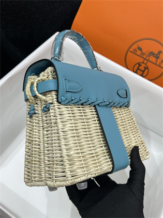 Kelly Mini Picnic Bag 20 Swift Leather Wicker Silver Tone Hardware Blue Color HS