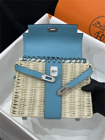 Kelly Mini Picnic Bag 20 Swift Leather Wicker Silver Tone Hardware Blue Color HS