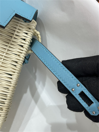 Kelly Mini Picnic Bag 20 Swift Leather Wicker Silver Tone Hardware Blue Color HS