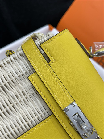 Kelly Mini Picnic Bag 20 Swift Leather Wicker Silver Tone Hardware Yellow Color HS