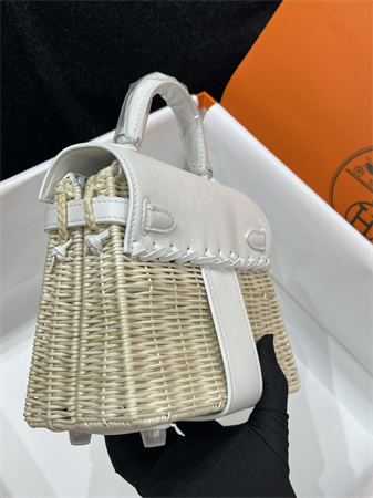 Kelly Mini Picnic Bag 20 Swift Leather Wicker Silver Tone Hardware White Color HS