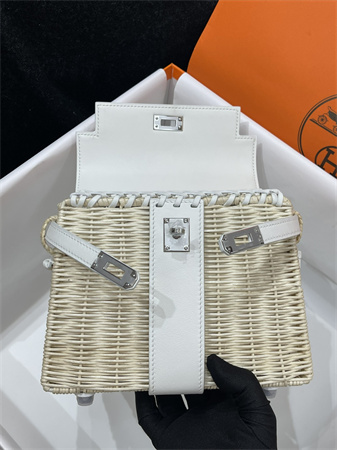 Kelly Mini Picnic Bag 20 Swift Leather Wicker Silver Tone Hardware White Color HS