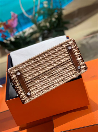 Bir.kin Picnic bag 25 Swift Leather Wicker Silver Tone Hardware Brown HS