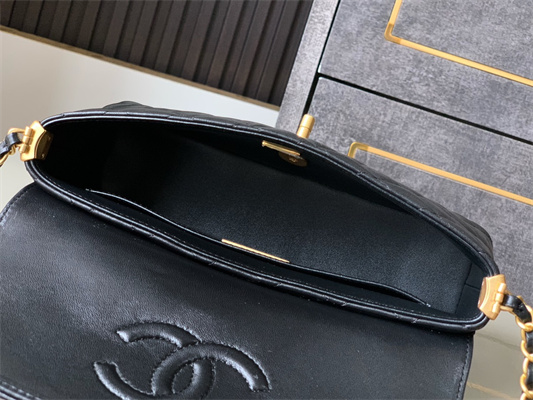 Ch*el flap bag with top handle lambskin gold tone metal black as5356