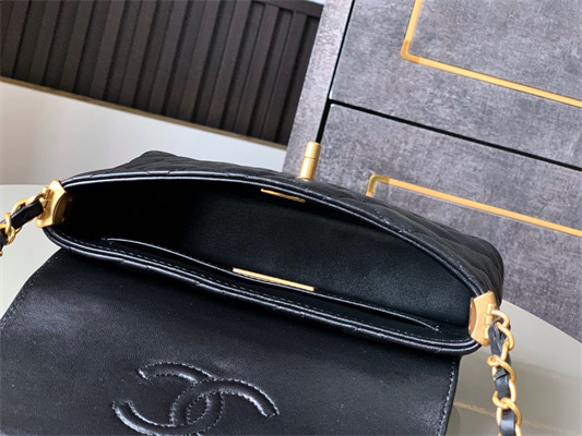 Ch*el mini flap bag with top handle lambskin gold tone metal black as5355