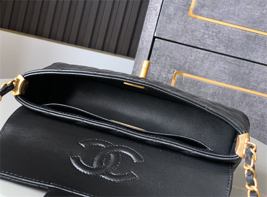 Ch*el mini flap bag with top handle lambskin gold tone metal black as5354