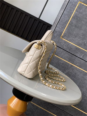Ch*el mini flap bag with top handle lambskin gold tone metal beige as5355