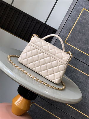 Ch*el mini flap bag with top handle lambskin gold tone metal beige as5355