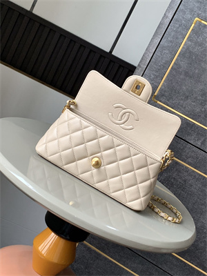 Ch*el mini flap bag with top handle lambskin gold tone metal beige as5354