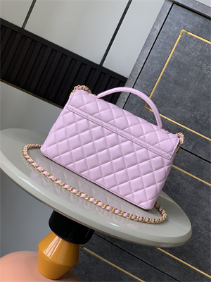 Ch*el flap bag with top handle lambskin gold tone metal pink as5356