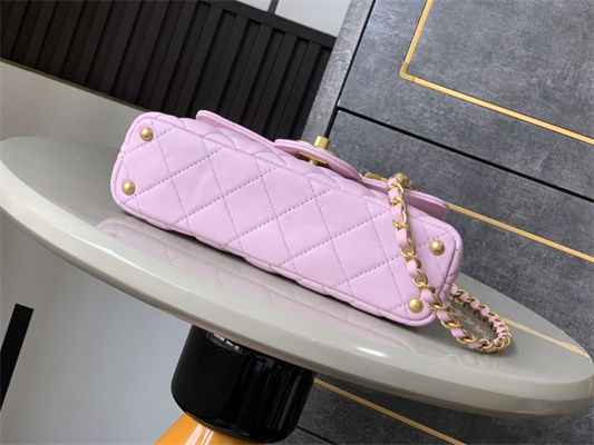 Ch*el mini flap bag with top handle lambskin gold tone metal pink as5355