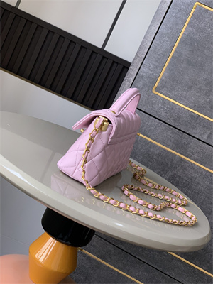 Ch*el mini flap bag with top handle lambskin gold tone metal pink as5354