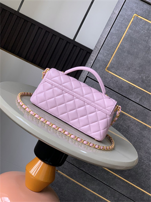 Ch*el mini flap bag with top handle lambskin gold tone metal pink as5354