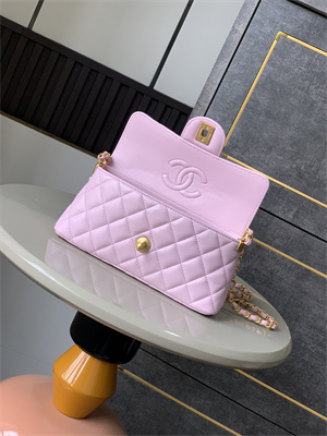 Ch*el mini flap bag with top handle lambskin gold tone metal pink as5354