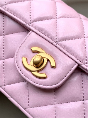 Ch*el mini flap bag with top handle lambskin gold tone metal pink as5354