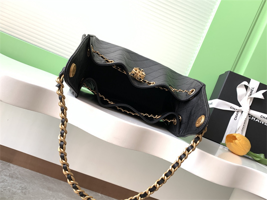 Ch*el 25 small handbag grained calfskin gold tone metal black as5293