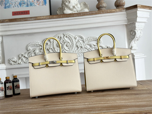 Bir.kin Sellier Bag Epsom Leather 25CM Gold/Silver Hardware In Craie/Jaune Poussin HS