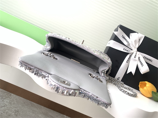 Cha.nel Flap Bag Sequins and Silver Tone Metal Grey AS4561