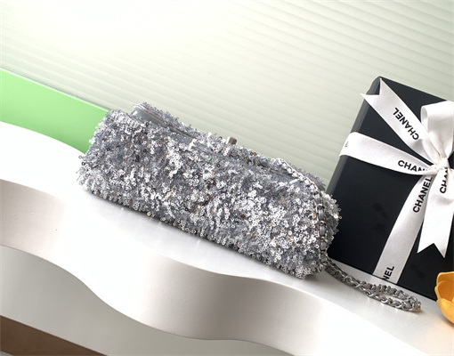 Cha.nel Flap Bag Sequins and Silver Tone Metal Grey AS4561