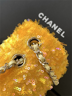 Cha.nel Flap Bag Sequins and Gold Tone Metal Yellow AS4561