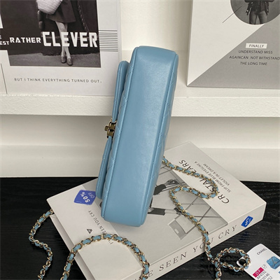 Ch*el flap phone holder with chain lambskin gold-tone metal blue ap4592