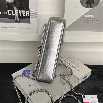 Ch*el flap phone holder with chain lambskin sivler-tone metal silver ap4592