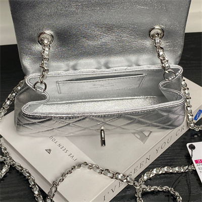 Ch*el flap phone holder with chain lambskin sivler-tone metal silver ap4592