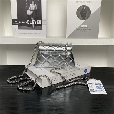 Ch*el mini flap phone holder with chain lambskin silver-tone metal silver ap4593