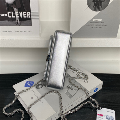 Ch*el mini flap phone holder with chain lambskin silver-tone metal silver ap4593