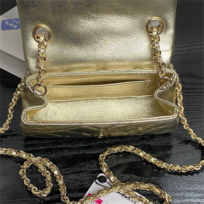 Ch*el mini flap phone holder with chain lambskin gold-tone metal gold ap4593