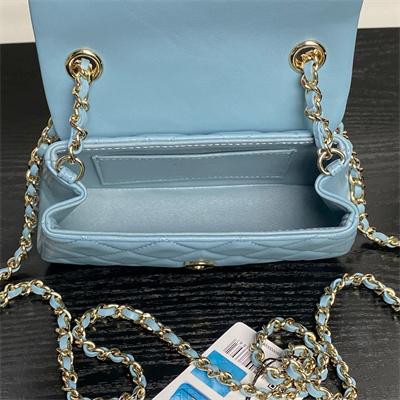Ch*el mini flap phone holder with chain lambskin gold-tone metal blue ap4593