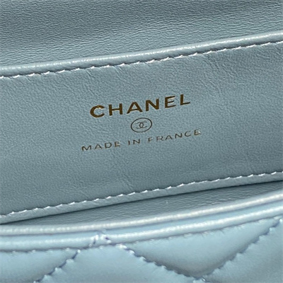 Ch*el mini flap phone holder with chain lambskin gold-tone metal blue ap4593