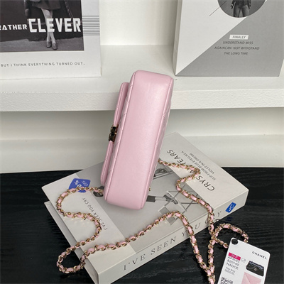 Ch*el mini flap phone holder with chain lambskin gold-tone metal pink ap4593