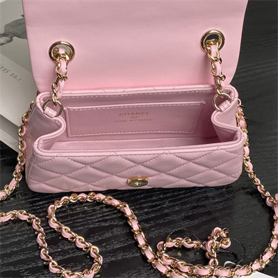 Ch*el mini flap phone holder with chain lambskin gold-tone metal pink ap4593