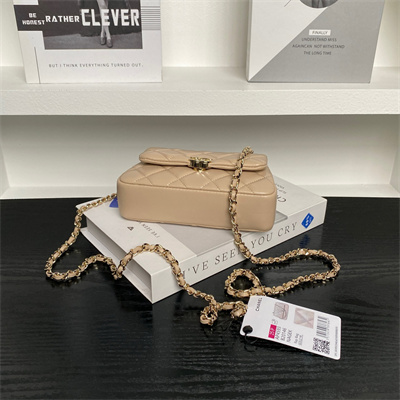 Ch*el mini flap phone holder with chain lambskin gold-tone metal beige ap4593