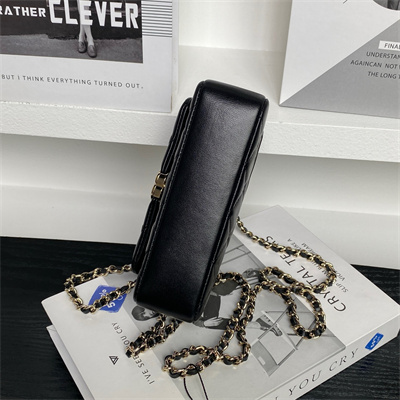 Ch*el mini flap phone holder with chain lambskin gold-tone metal black ap4593